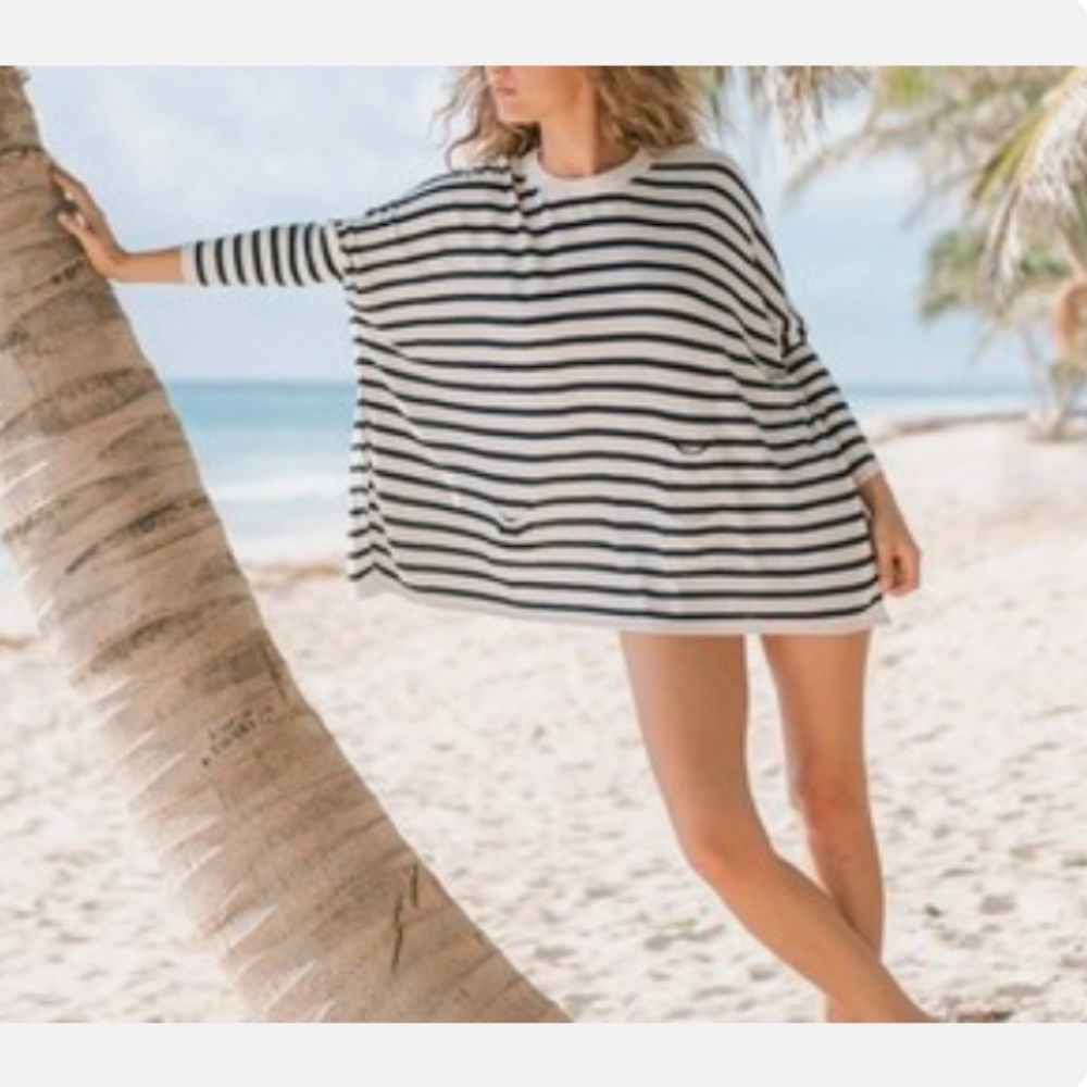 Mer Sea Catalina Travel Sweater OS Oversized White Grey Striped Coastal Beach